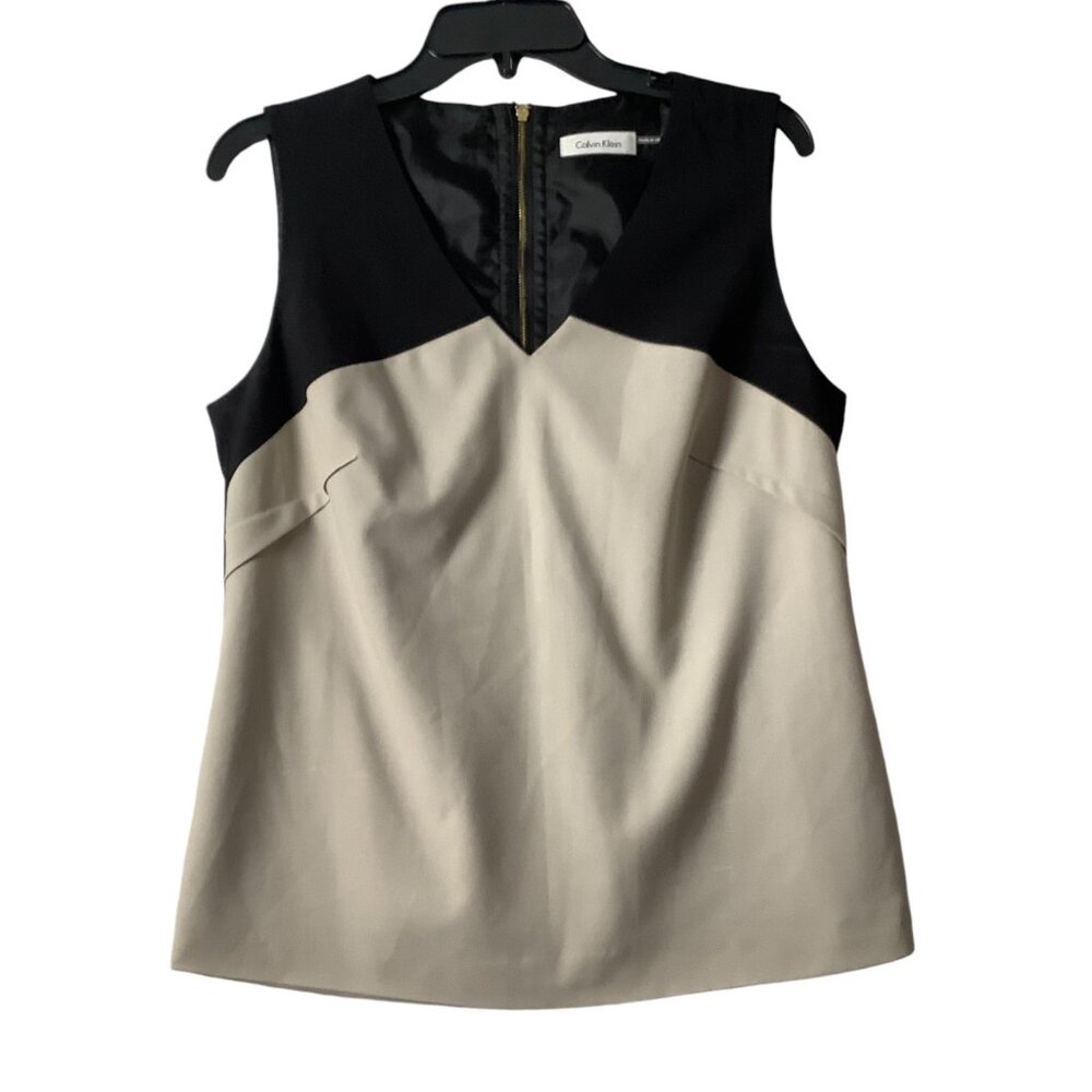 Calvin Klein Sleeveless V-Neck Blouse Full Gold Zip‎ Back Women Size Small Lined